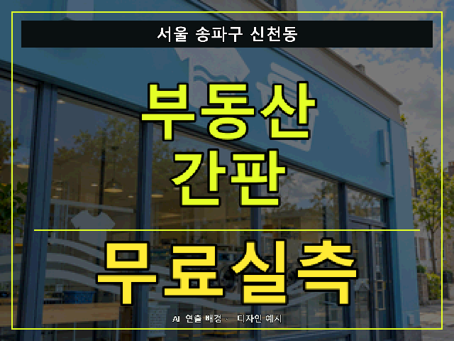 서울 송파구 신천동 부동산 간판 무료실측 안내 썸네일 · AI 연출 배경
