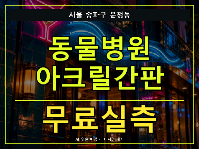 서울 송파구 문정동 동물병원 아크릴간판 무료실측 안내 썸네일 · AI 연출 배경