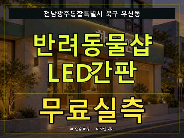 전남광주통합특별시 북구 우산동 반려동물샵 LED간판 무료실측 안내 썸네일 · AI 연출 배경