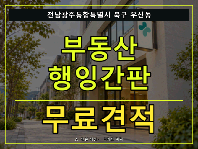 전남광주통합특별시 북구 우산동 부동산 행잉간판 무료견적 안내 썸네일 · AI 연출 배경