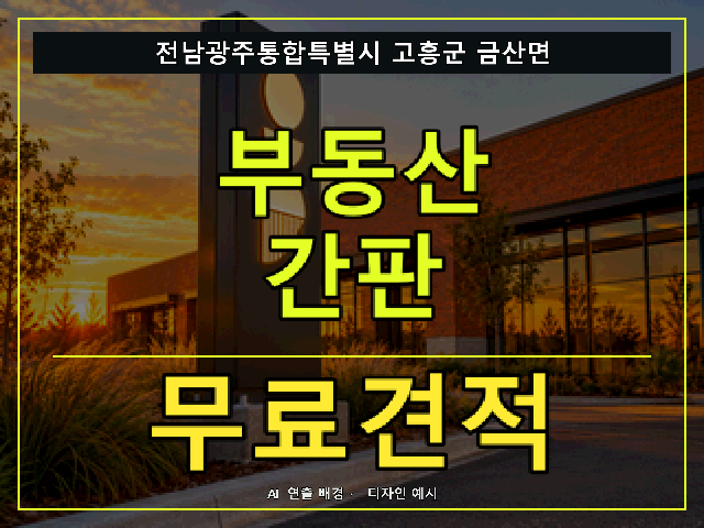 전남광주통합특별시 고흥군 금산면 부동산 간판 무료견적 안내 썸네일 · AI 연출 배경