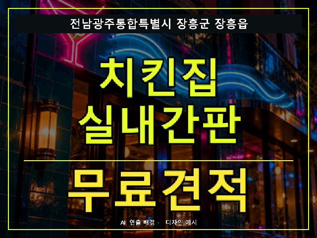 전남광주통합특별시 장흥군 장흥읍 치킨집 실내간판 무료견적 안내 썸네일 · AI 연출 배경
