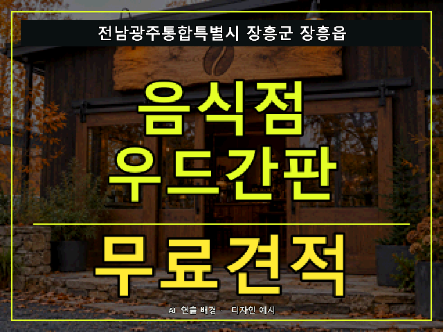전남광주통합특별시 장흥군 장흥읍 음식점 우드간판 무료견적 안내 썸네일 · AI 연출 배경
