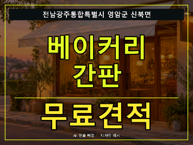 전남광주통합특별시 영암군 신북면 베이커리 간판 무료견적 안내 썸네일 · AI 연출 배경