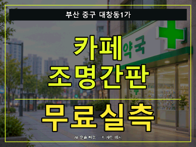부산 중구 대창동1가 카페 조명간판 무료실측 안내 썸네일 · AI 연출 배경