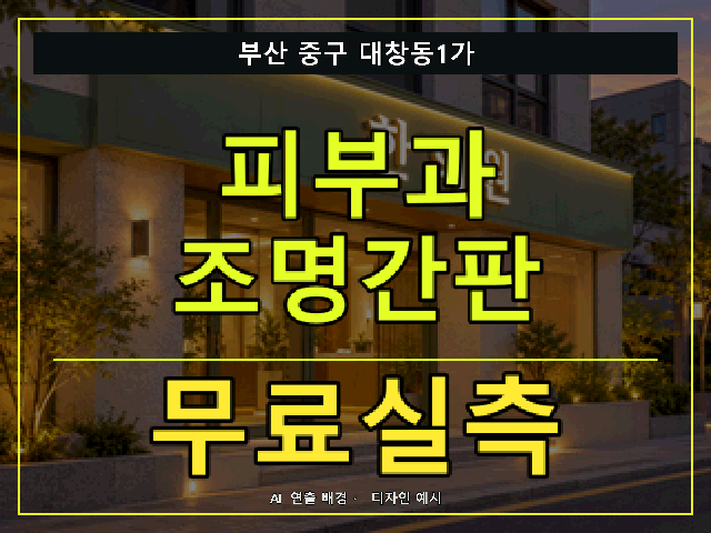 부산 중구 대창동1가 피부과 조명간판 무료실측 안내 썸네일 · AI 연출 배경