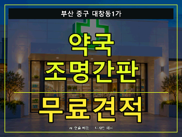 부산 중구 대창동1가 약국 조명간판 무료견적 안내 썸네일 · AI 연출 배경