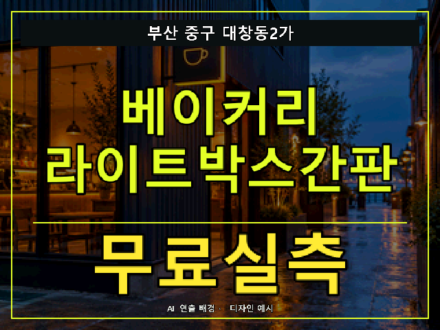 부산 중구 대창동2가 베이커리 라이트박스간판 무료실측 안내 썸네일 · AI 연출 배경