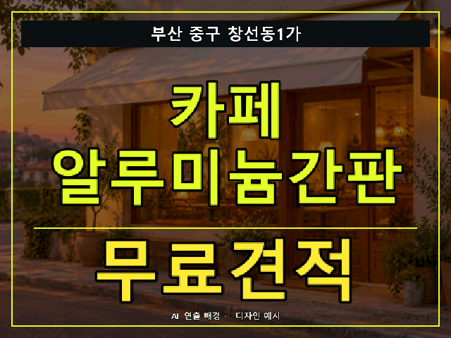 부산 중구 창선동1가 카페 알루미늄간판 무료견적 안내 썸네일 · AI 연출 배경