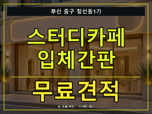 부산 중구 창선동1가 스터디카페 입체간판 무료견적 안내 썸네일 · AI 연출 배경
