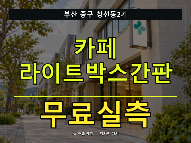 부산 중구 창선동2가 카페 라이트박스간판 무료실측 안내 썸네일 · AI 연출 배경