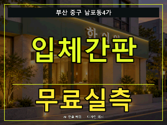 부산 중구 남포동4가 입체간판 무료실측 안내 썸네일 · AI 연출 배경