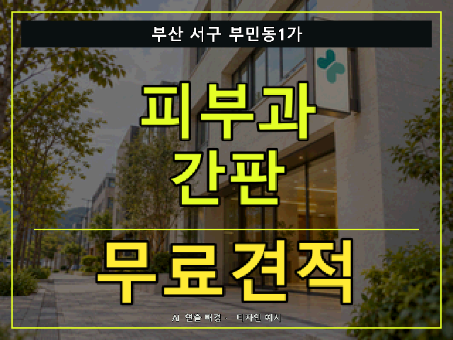 부산 서구 부민동1가 피부과 간판 무료견적 안내 썸네일 · AI 연출 배경