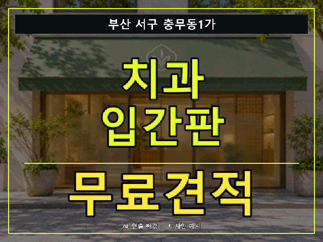 부산 서구 충무동1가 치과 입간판 무료견적 안내 썸네일 · AI 연출 배경