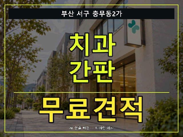 부산 서구 충무동2가 치과 간판 무료견적 안내 썸네일 · AI 연출 배경
