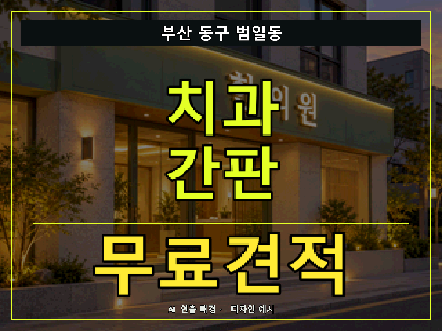 부산 동구 범일동 치과 간판 무료견적 안내 썸네일 · AI 연출 배경