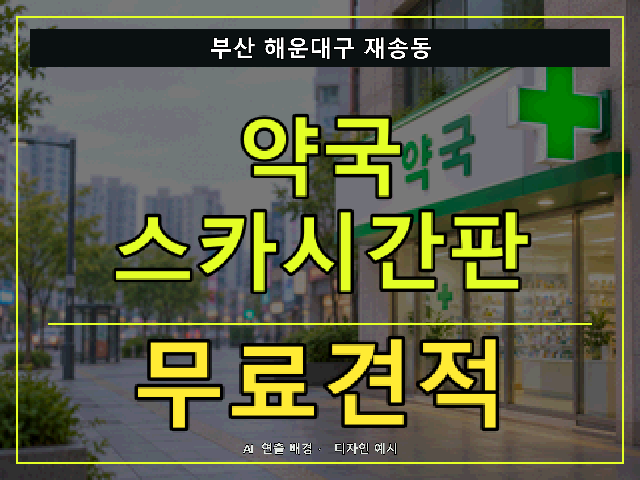 부산 해운대구 재송동 약국 스카시간판 무료견적 안내 썸네일 · AI 연출 배경