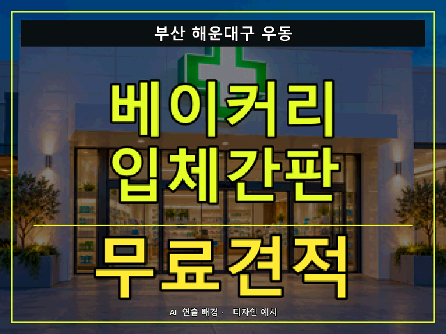부산 해운대구 우동 베이커리 입체간판 무료견적 안내 썸네일 · AI 연출 배경