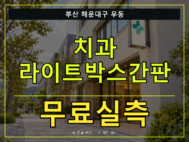 부산 해운대구 우동 치과 라이트박스간판 무료실측 안내 썸네일 · AI 연출 배경