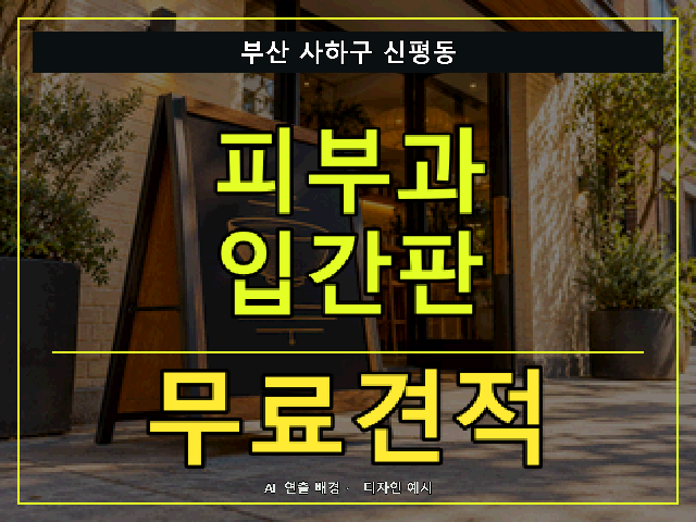 부산 사하구 신평동 피부과 입간판 무료견적 안내 썸네일 · AI 연출 배경