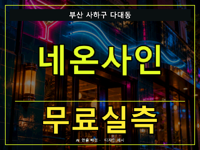 부산 사하구 다대동 네온사인 무료실측 안내 썸네일 · AI 연출 배경