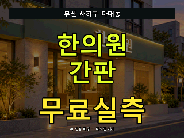 부산 사하구 다대동 한의원 간판 무료실측 안내 썸네일 · AI 연출 배경