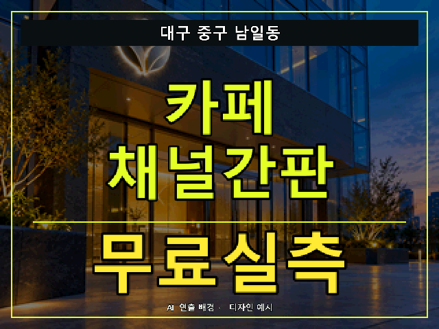 대구 중구 남일동 카페 채널간판 무료실측 안내 썸네일 · AI 연출 배경