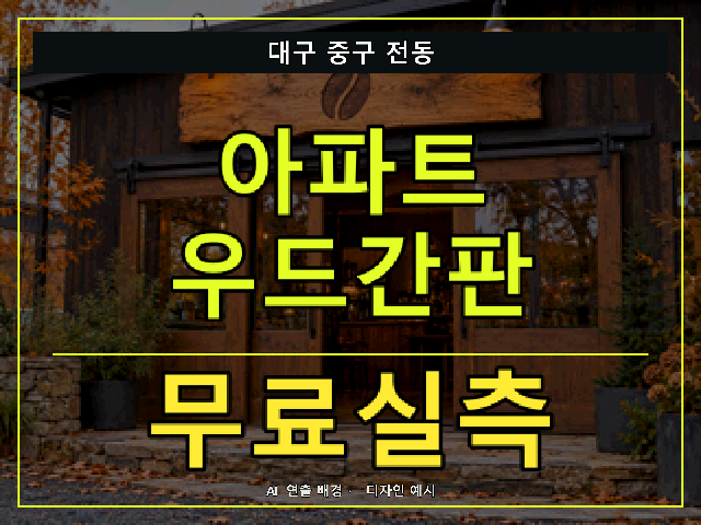 대구 중구 전동 아파트 우드간판 무료실측 안내 썸네일 · AI 연출 배경