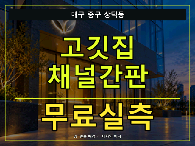 대구 중구 상덕동 고깃집 채널간판 무료실측 안내 썸네일 · AI 연출 배경