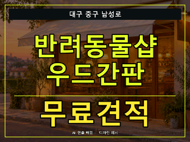 대구 중구 남성로 반려동물샵 우드간판 무료견적 안내 썸네일 · AI 연출 배경
