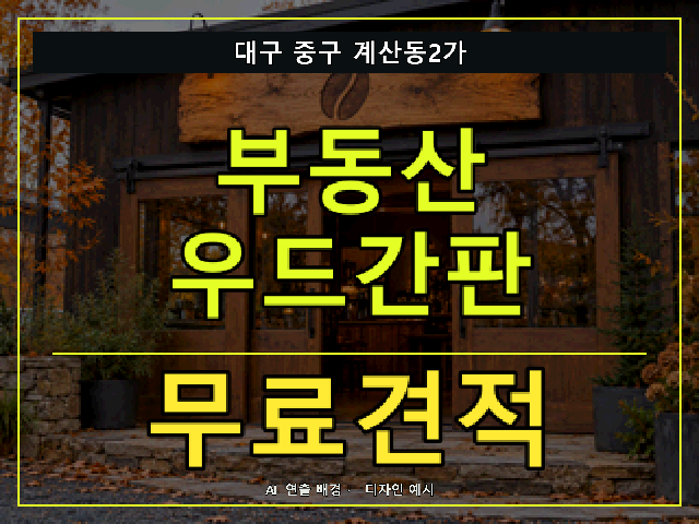 대구 중구 계산동2가 부동산 우드간판 무료견적 안내 썸네일 · AI 연출 배경
