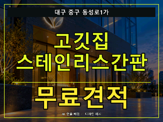 대구 중구 동성로1가 고깃집 스테인리스간판 무료견적 안내 썸네일 · AI 연출 배경