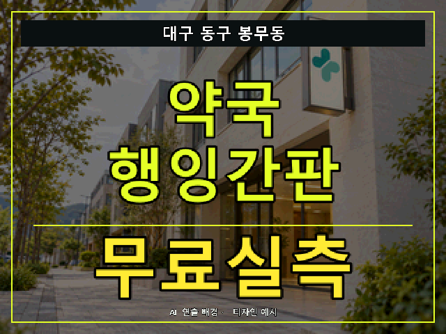 대구 동구 봉무동 약국 행잉간판 무료실측 안내 썸네일 · AI 연출 배경