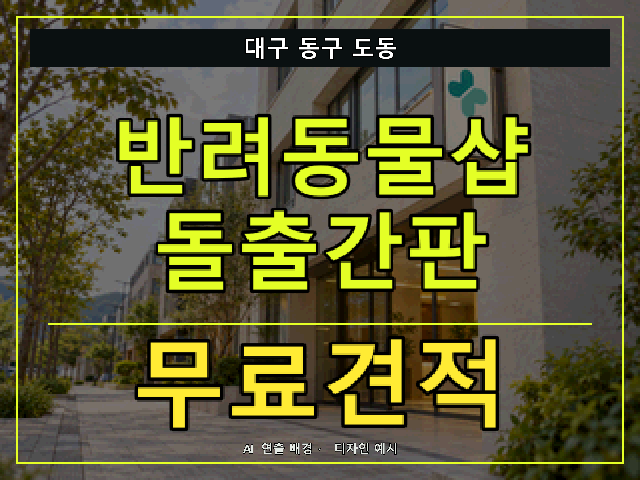 대구 동구 도동 반려동물샵 돌출간판 무료견적 안내 썸네일 · AI 연출 배경