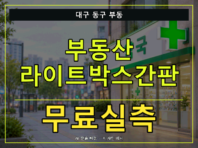 대구 동구 부동 부동산 라이트박스간판 무료실측 안내 썸네일 · AI 연출 배경