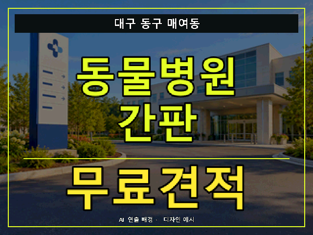 대구 동구 매여동 동물병원 간판 무료견적 안내 썸네일 · AI 연출 배경