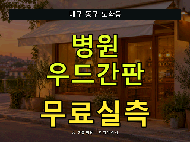 대구 동구 도학동 병원 우드간판 무료실측 안내 썸네일 · AI 연출 배경