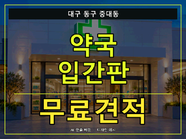 대구 동구 중대동 약국 입간판 무료견적 안내 썸네일 · AI 연출 배경