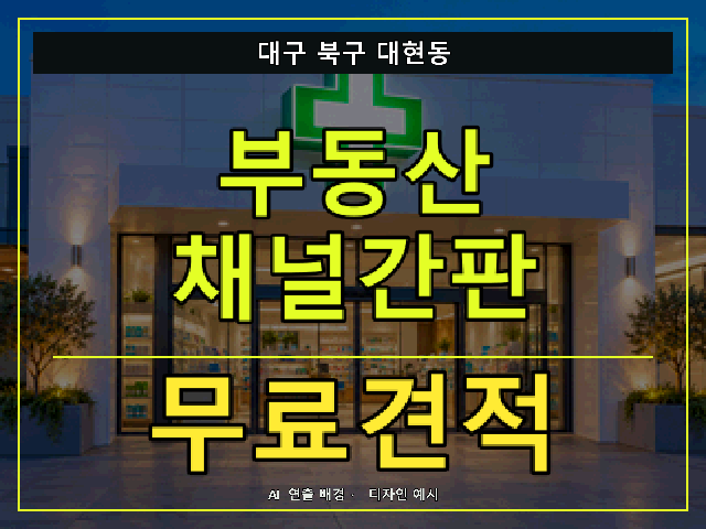 대구 북구 대현동 부동산 채널간판 무료견적 안내 썸네일 · AI 연출 배경
