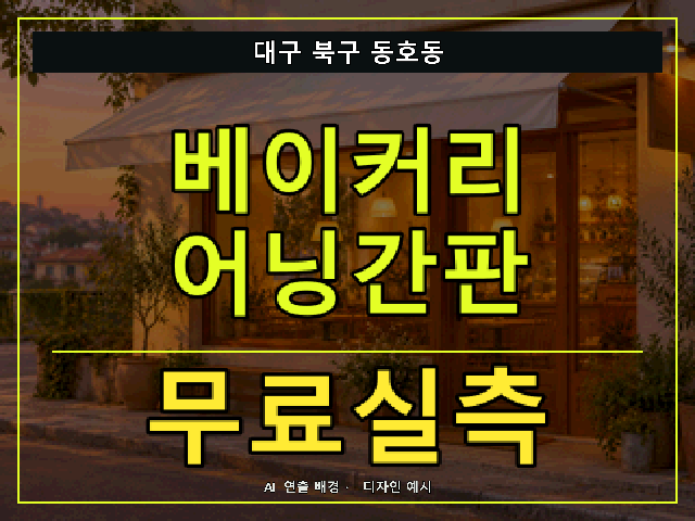 대구 북구 동호동 베이커리 어닝간판 무료실측 안내 썸네일 · AI 연출 배경