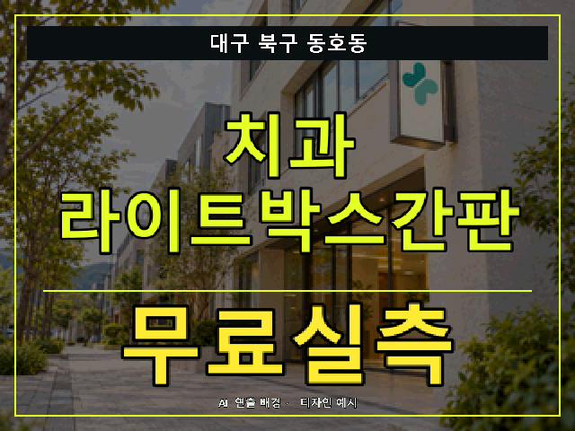 대구 북구 동호동 치과 라이트박스간판 무료실측 안내 썸네일 · AI 연출 배경