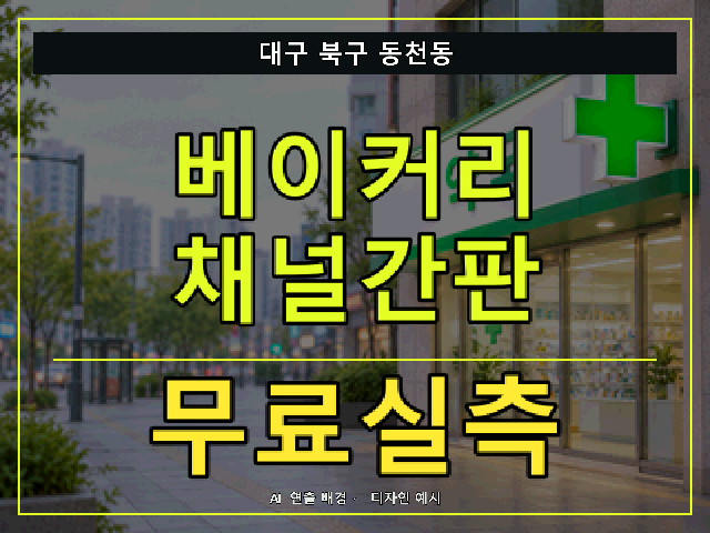 대구 북구 동천동 베이커리 채널간판 무료실측 안내 썸네일 · AI 연출 배경