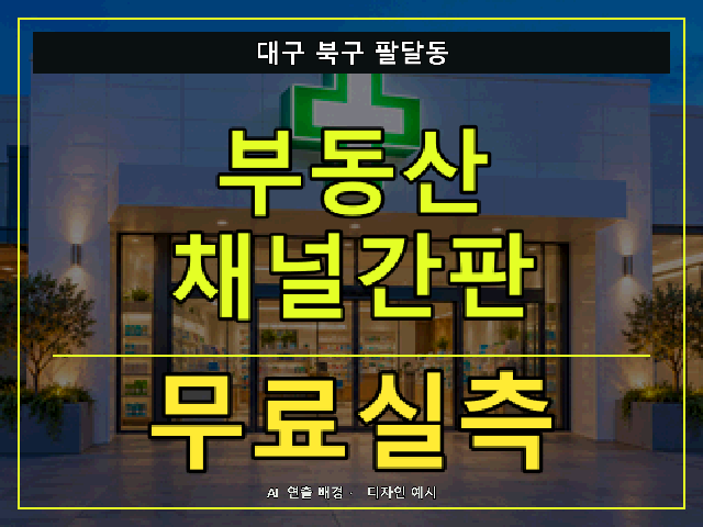 대구 북구 팔달동 부동산 채널간판 무료실측 안내 썸네일 · AI 연출 배경