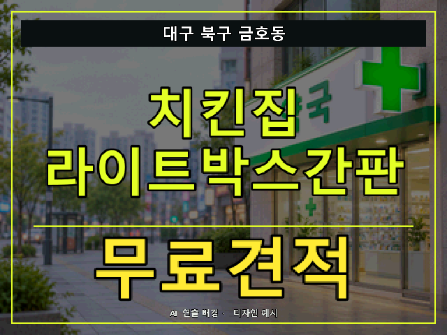 대구 북구 금호동 치킨집 라이트박스간판 무료견적 안내 썸네일 · AI 연출 배경