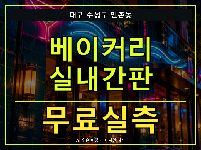 대구 수성구 만촌동 베이커리 실내간판 무료실측 안내 썸네일 · AI 연출 배경