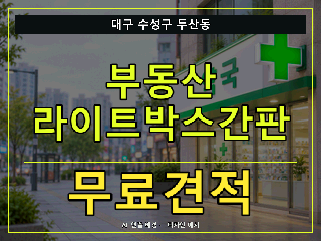 대구 수성구 두산동 부동산 라이트박스간판 무료견적 안내 썸네일 · AI 연출 배경