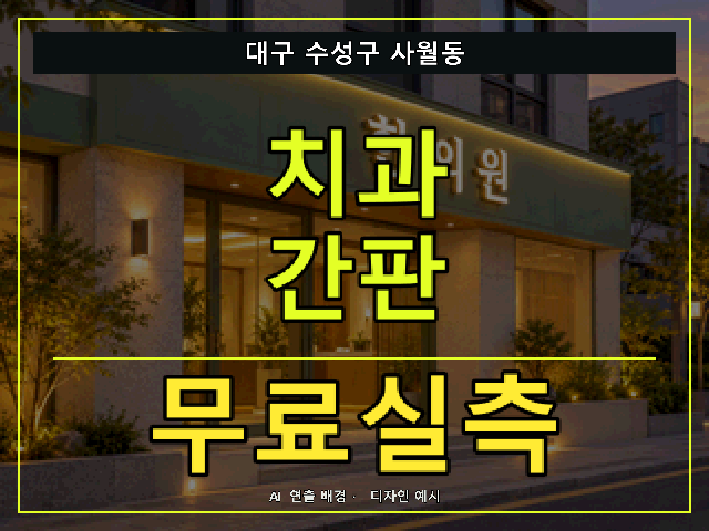 대구 수성구 사월동 치과 간판 무료실측 안내 썸네일 · AI 연출 배경