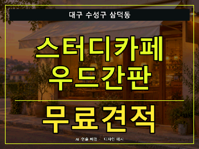 대구 수성구 삼덕동 스터디카페 우드간판 무료견적 안내 썸네일 · AI 연출 배경