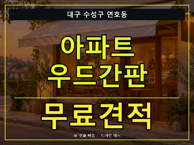 대구 수성구 연호동 아파트 우드간판 무료견적 안내 썸네일 · AI 연출 배경