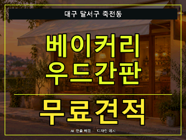 대구 달서구 죽전동 베이커리 우드간판 무료견적 안내 썸네일 · AI 연출 배경